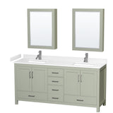 Sheffield 72 inch Double Bathroom Vanity in Light Green White Cultured Marble Countertop Undermount Square Sinks Brushed Nickel Trim Medicine Cabinets