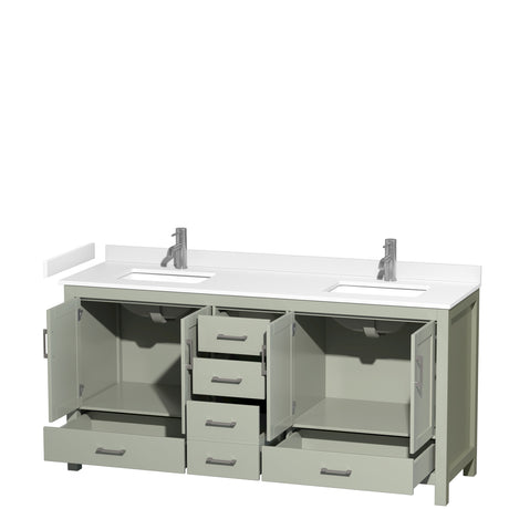 Sheffield 72 inch Double Bathroom Vanity in Light Green White Cultured Marble Countertop Undermount Square Sinks Brushed Nickel Trim