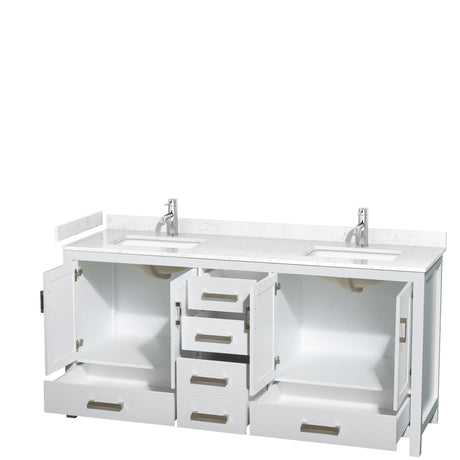 Sheffield 72 Inch Double Bathroom Vanity in White Carrara Cultured Marble Countertop Undermount Square Sinks No Mirror
