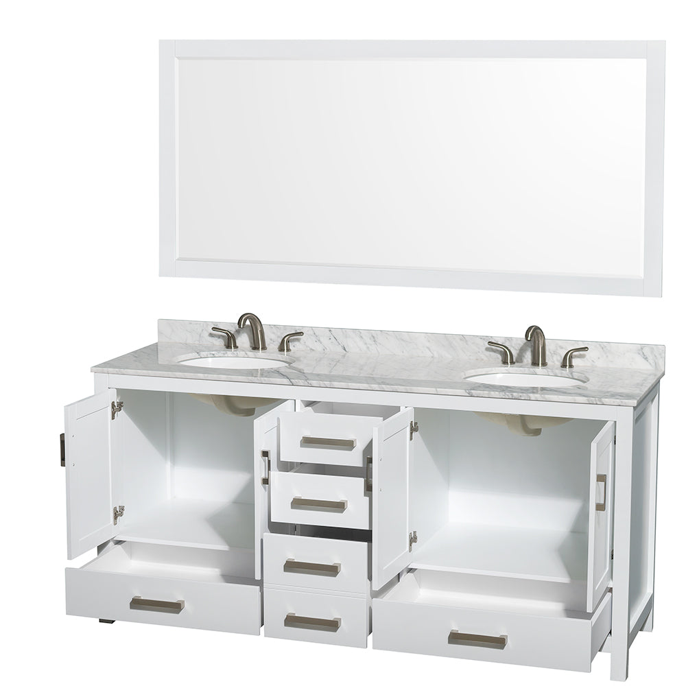Sheffield 72 Inch Double Bathroom Vanity in White White Carrara Marble Countertop Undermount Oval Sinks and 70 Inch Mirror