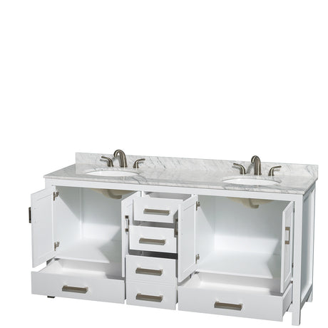Sheffield 72 Inch Double Bathroom Vanity in White White Carrara Marble Countertop Undermount Oval Sinks and No Mirror