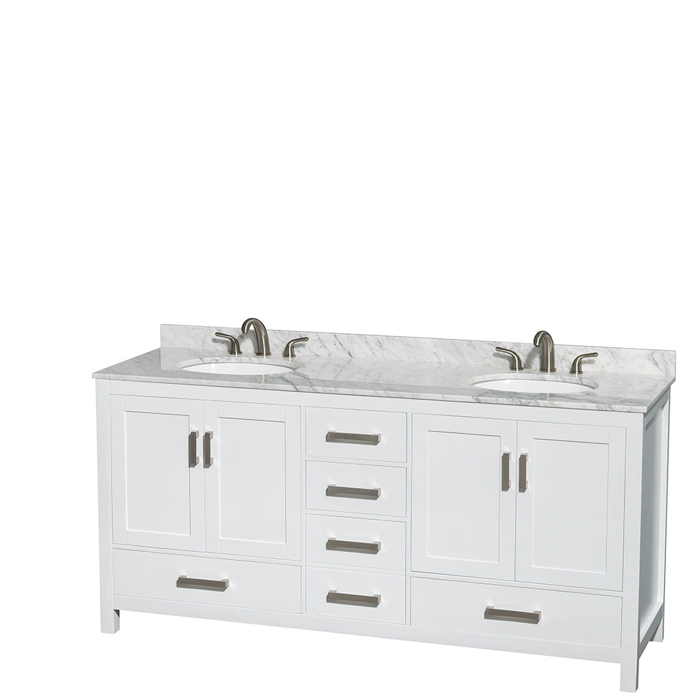 Sheffield 72 Inch Double Bathroom Vanity in White White Carrara Marble Countertop Undermount Oval Sinks and 70 Inch Mirror