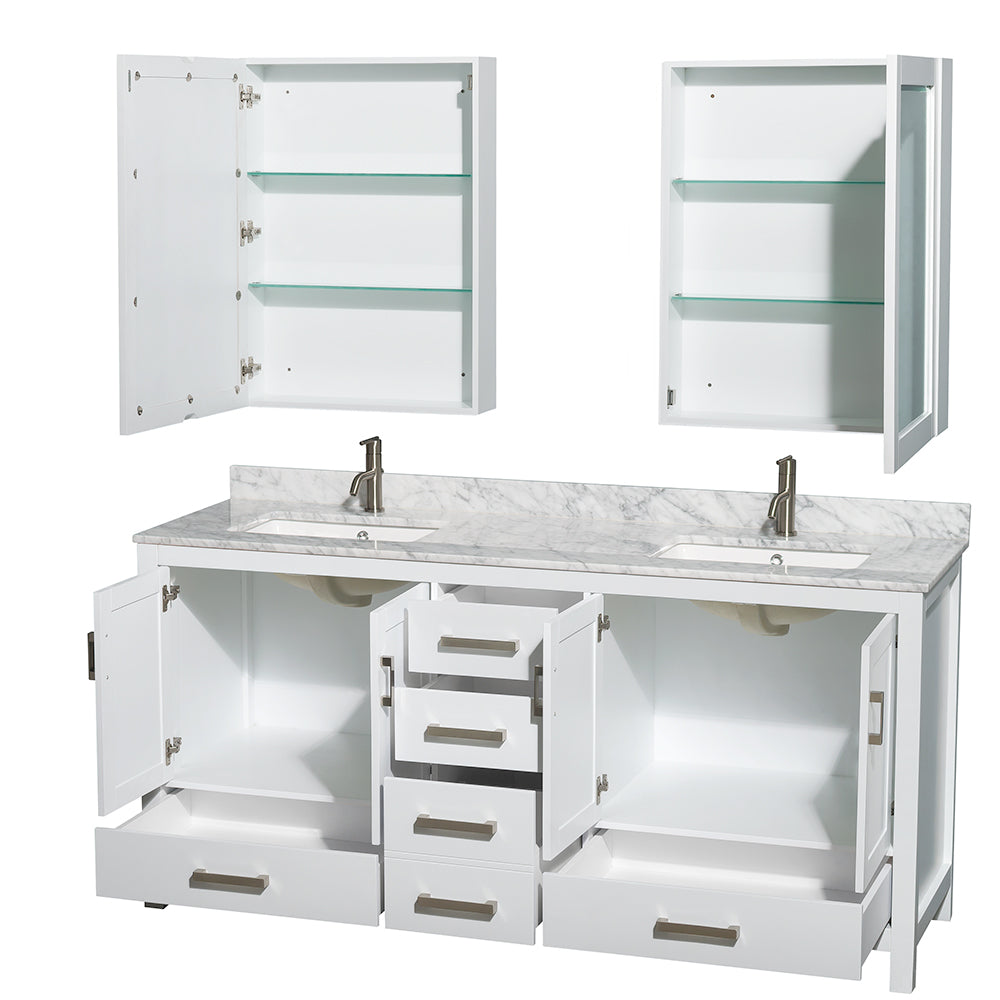 Sheffield 72 Inch Double Bathroom Vanity in White White Carrara Marble Countertop Undermount Square Sinks and Medicine Cabinets