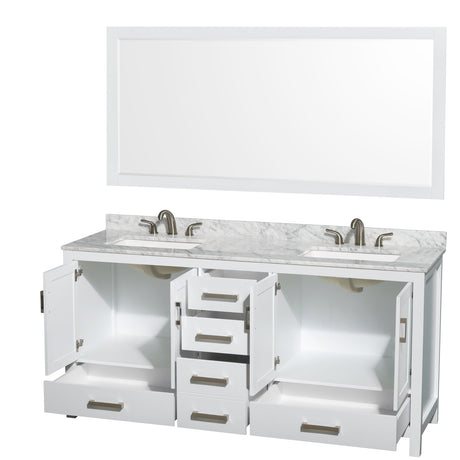 Sheffield 72 Inch Double Bathroom Vanity in White White Carrara Marble Countertop Undermount 3-Hole Square Sinks 70 Inch Mirror