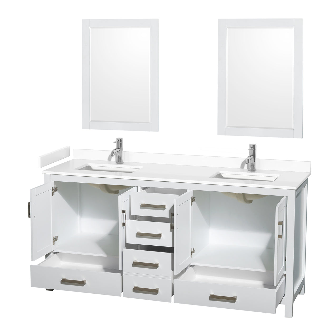 Sheffield 72 Inch Double Bathroom Vanity in White White Cultured Marble Countertop Undermount Square Sinks 24 Inch Mirrors