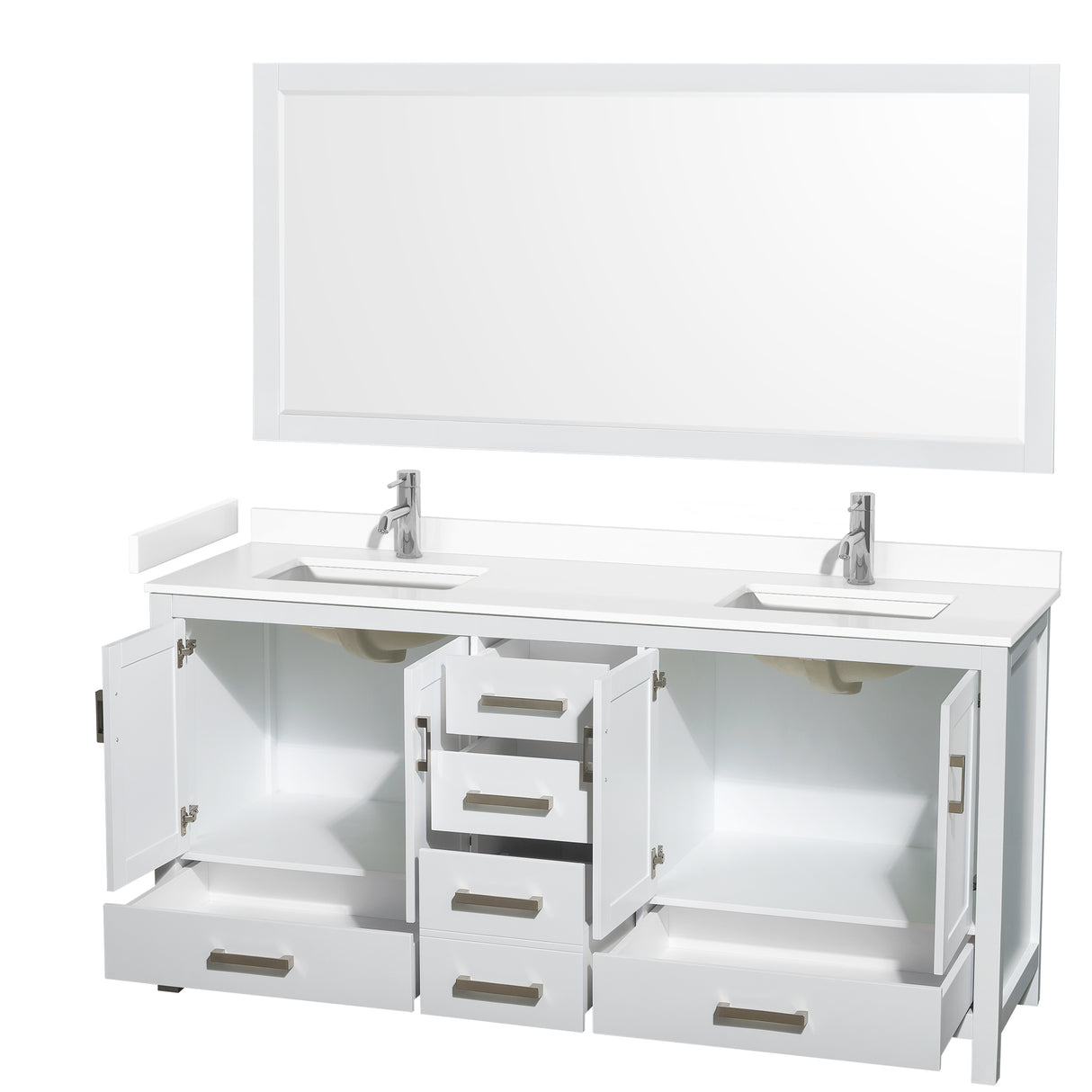 Sheffield 72 Inch Double Bathroom Vanity in White White Cultured Marble Countertop Undermount Square Sinks 70 Inch Mirror