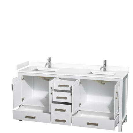 Sheffield 72 Inch Double Bathroom Vanity in White White Cultured Marble Countertop Undermount Square Sinks No Mirror