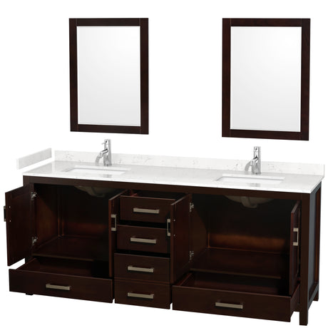 Sheffield 80 Inch Double Bathroom Vanity in Espresso Carrara Cultured Marble Countertop Undermount Square Sinks 24 Inch Mirrors