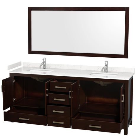 Sheffield 80 Inch Double Bathroom Vanity in Espresso Carrara Cultured Marble Countertop Undermount Square Sinks 70 Inch Mirror