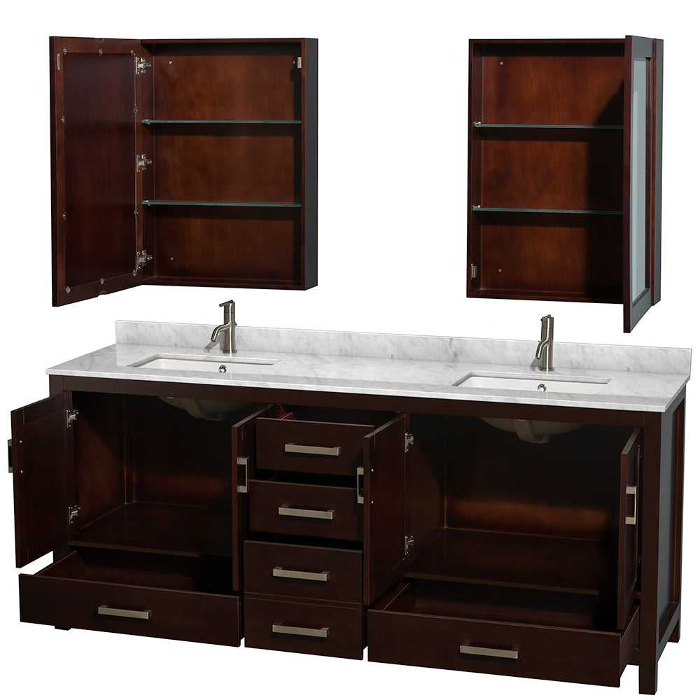 Sheffield 80 Inch Double Bathroom Vanity in Espresso White Carrara Marble Countertop Undermount Square Sinks and Medicine Cabinets