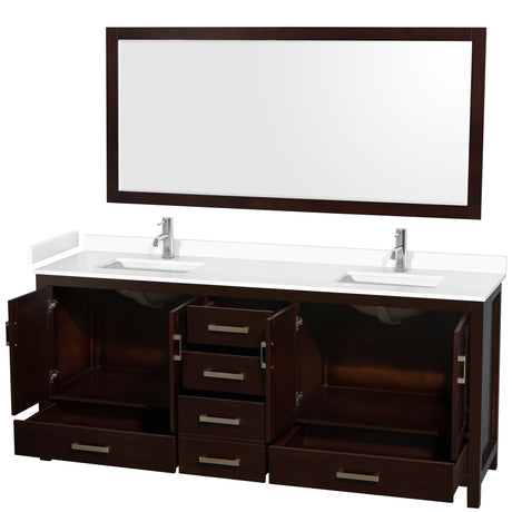 Sheffield 80 Inch Double Bathroom Vanity in Espresso White Cultured Marble Countertop Undermount Square Sinks 70 Inch Mirror