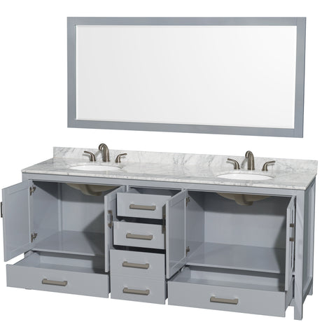 Sheffield 80 Inch Double Bathroom Vanity in Gray White Carrara Marble Countertop Undermount Oval Sinks and 70 Inch Mirror