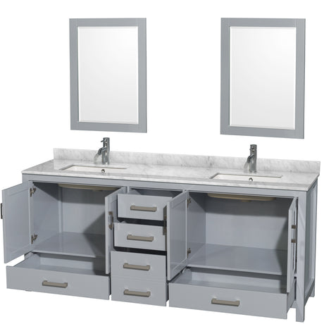 Sheffield 80 Inch Double Bathroom Vanity in Gray White Carrara Marble Countertop Undermount Square Sinks and 24 Inch Mirrors