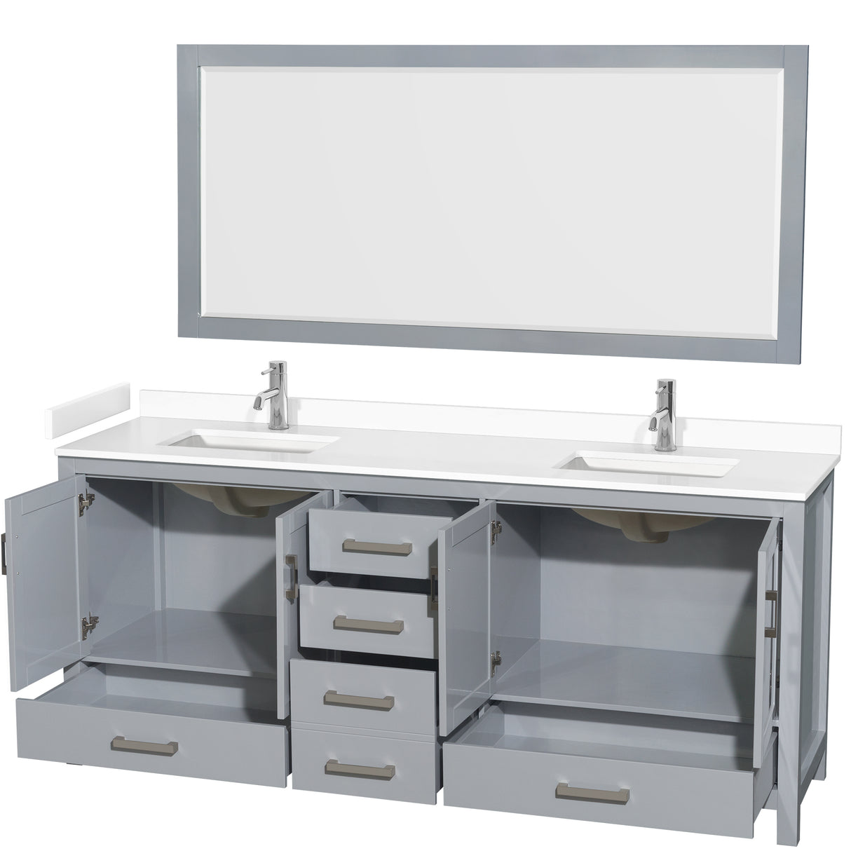 Sheffield 80 Inch Double Bathroom Vanity in Gray White Cultured Marble Countertop Undermount Square Sinks 70 Inch Mirror