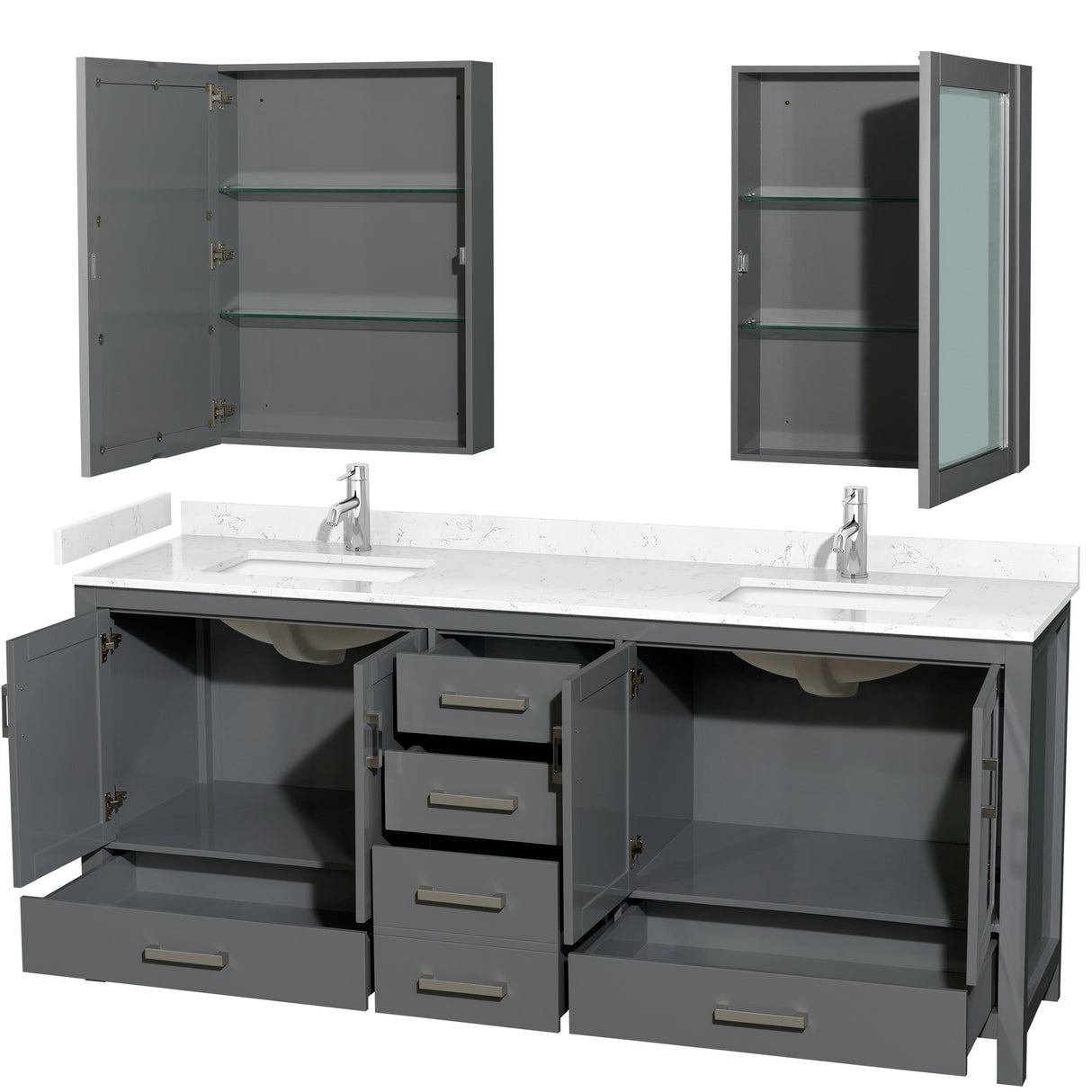 Sheffield 80 Inch Double Bathroom Vanity in Dark Gray Carrara Cultured Marble Countertop Undermount Square Sinks Medicine Cabinets