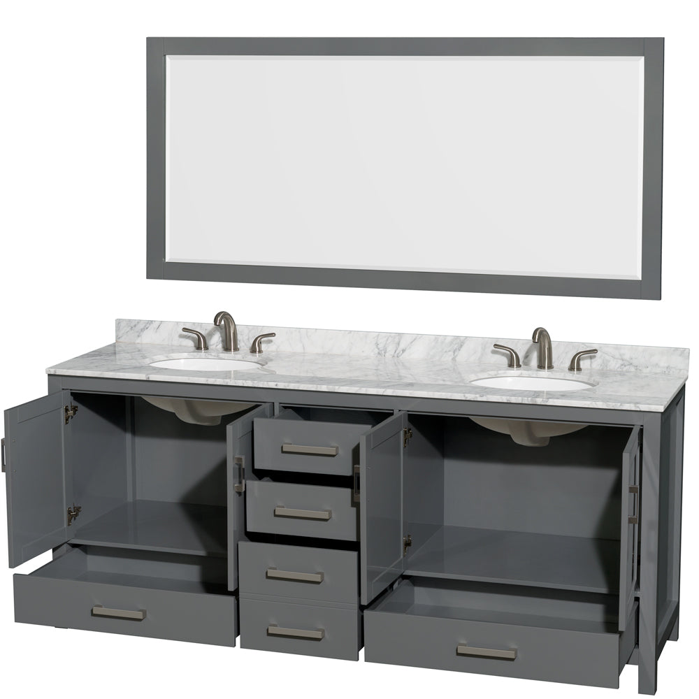 Sheffield 80 Inch Double Bathroom Vanity in Dark Gray White Carrara Marble Countertop Undermount Oval Sinks and 70 Inch Mirror