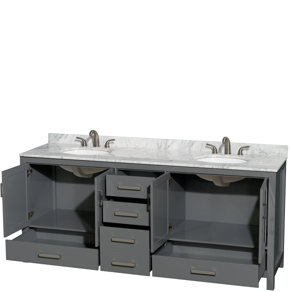 Sheffield 80 Inch Double Bathroom Vanity in Dark Gray White Carrara Marble Countertop Undermount Oval Sinks and No Mirror