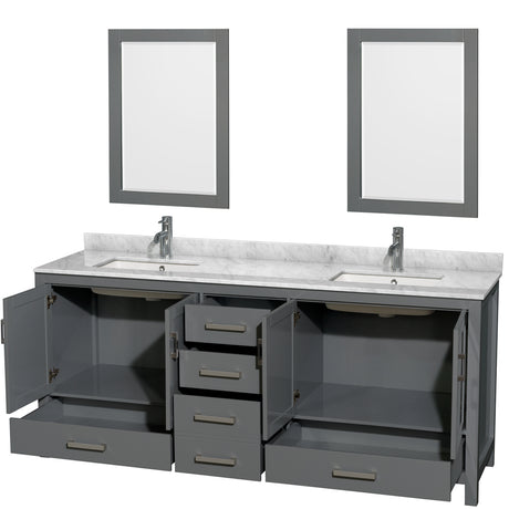 Sheffield 80 Inch Double Bathroom Vanity in Dark Gray White Carrara Marble Countertop Undermount Square Sinks and 24 Inch Mirrors