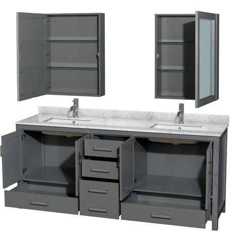 Sheffield 80 Inch Double Bathroom Vanity in Dark Gray White Carrara Marble Countertop Undermount Square Sinks and Medicine Cabinets