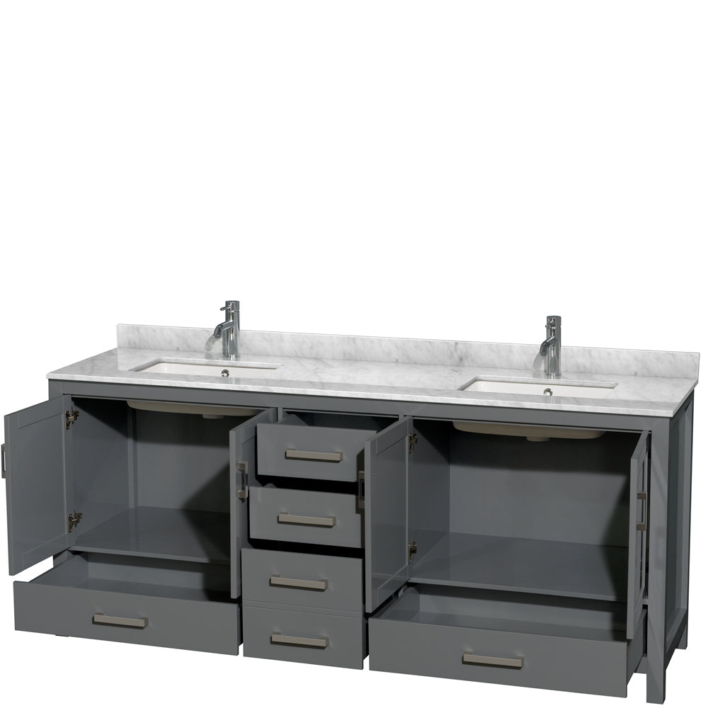Sheffield 80 Inch Double Bathroom Vanity in Dark Gray White Carrara Marble Countertop Undermount Square Sinks and No Mirror