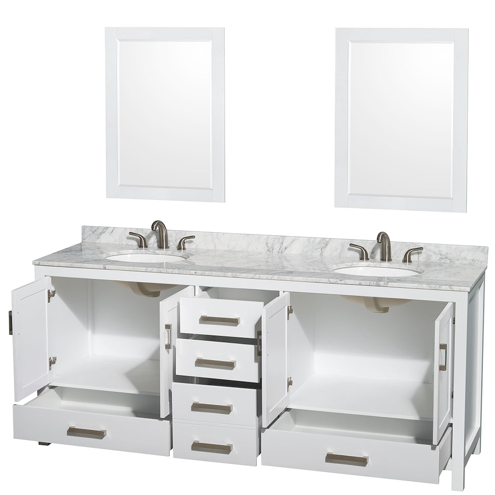Sheffield 80 Inch Double Bathroom Vanity in White White Carrara Marble Countertop Undermount Oval Sinks and 24 Inch Mirrors