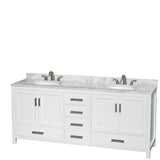 Sheffield 80 Inch Double Bathroom Vanity in White White Carrara Marble Countertop Undermount Oval Sinks and 24 Inch Mirrors