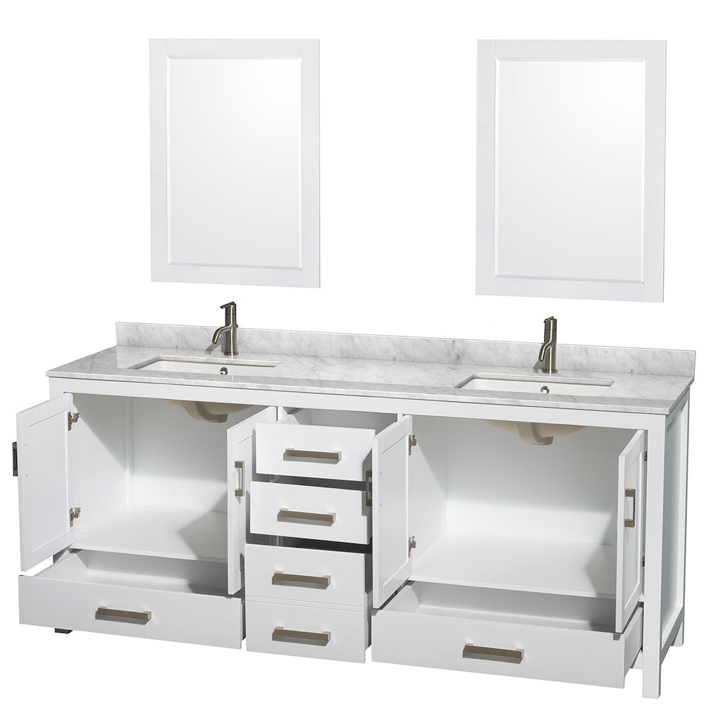 Sheffield 80 Inch Double Bathroom Vanity in White White Carrara Marble Countertop Undermount Square Sinks and 24 Inch Mirrors