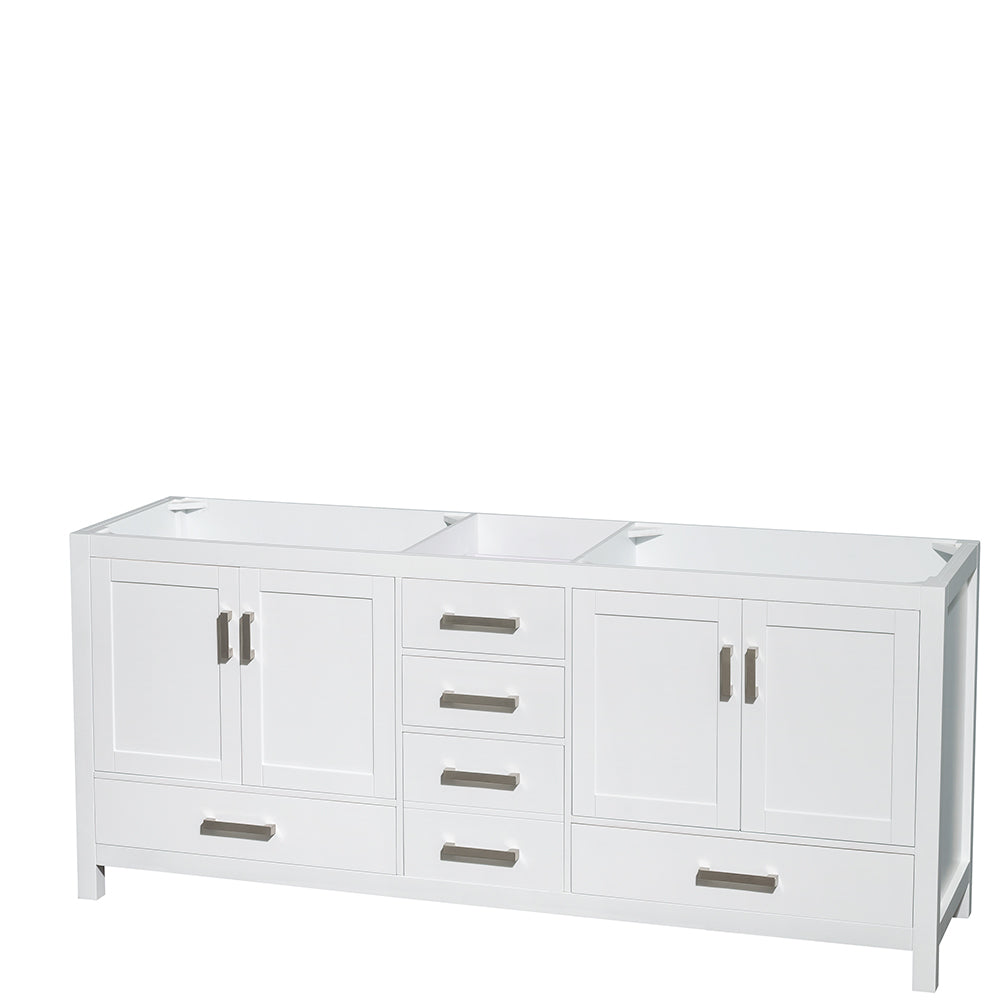Sheffield 80 Inch Double Bathroom Vanity in White White Carrara Marble Countertop Undermount Square Sinks and 70 Inch Mirror