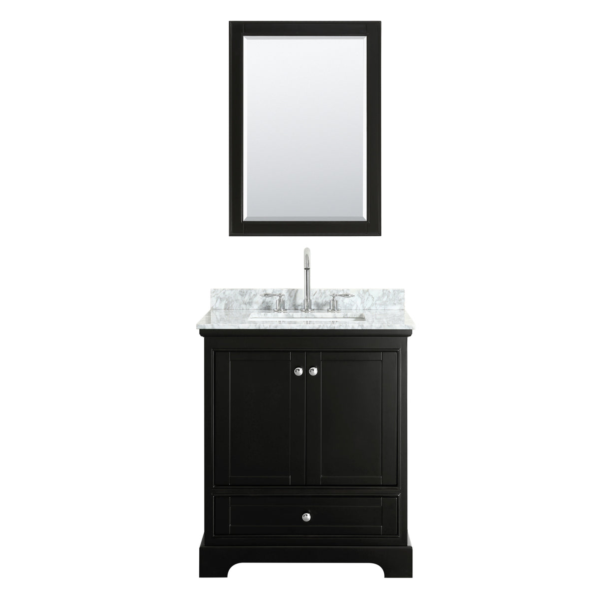 Deborah 30 Inch Single Bathroom Vanity in Dark Espresso White Carrara Marble Countertop Undermount Square Sink and Medicine Cabinet