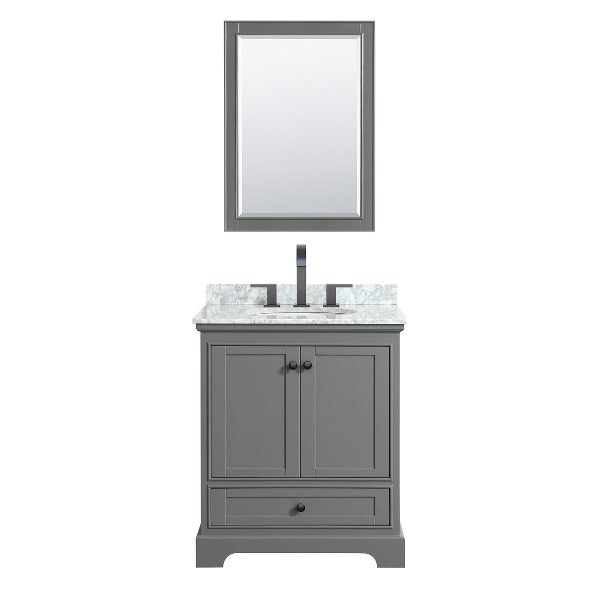 Deborah 30 Inch Single Bathroom Vanity in Dark Gray White Carrara Marble Countertop Undermount Oval Sink Matte Black Trim 24 Inch Mirror