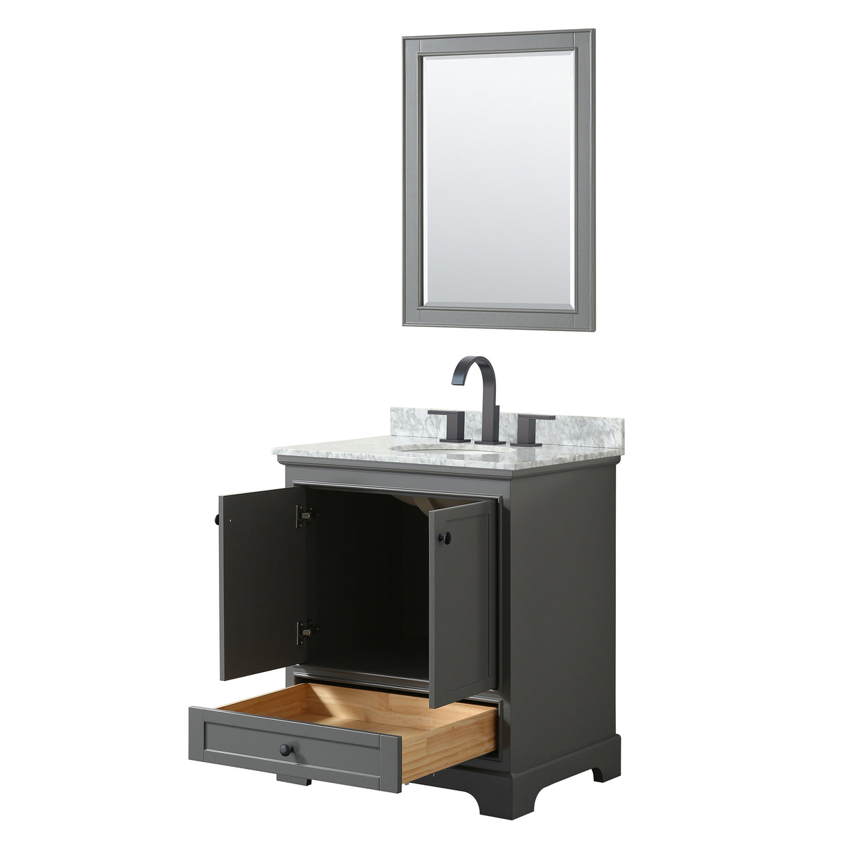 Deborah 30 Inch Single Bathroom Vanity in Dark Gray White Carrara Marble Countertop Undermount Oval Sink Matte Black Trim 24 Inch Mirror