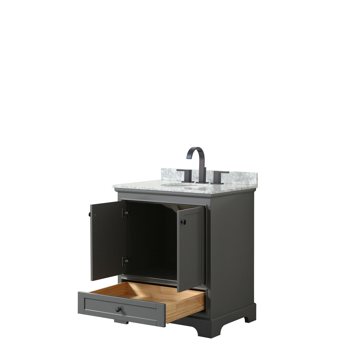 Deborah 30 Inch Single Bathroom Vanity in Dark Gray White Carrara Marble Countertop Undermount Oval Sink Matte Black Trim