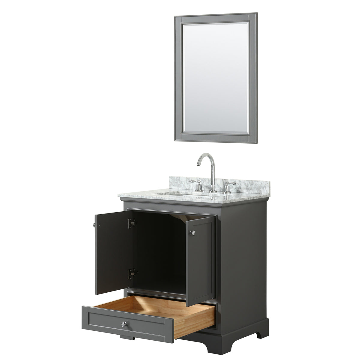 Deborah 30 Inch Single Bathroom Vanity in Dark Gray White Carrara Marble Countertop Undermount Square Sink and 24 Inch Mirror