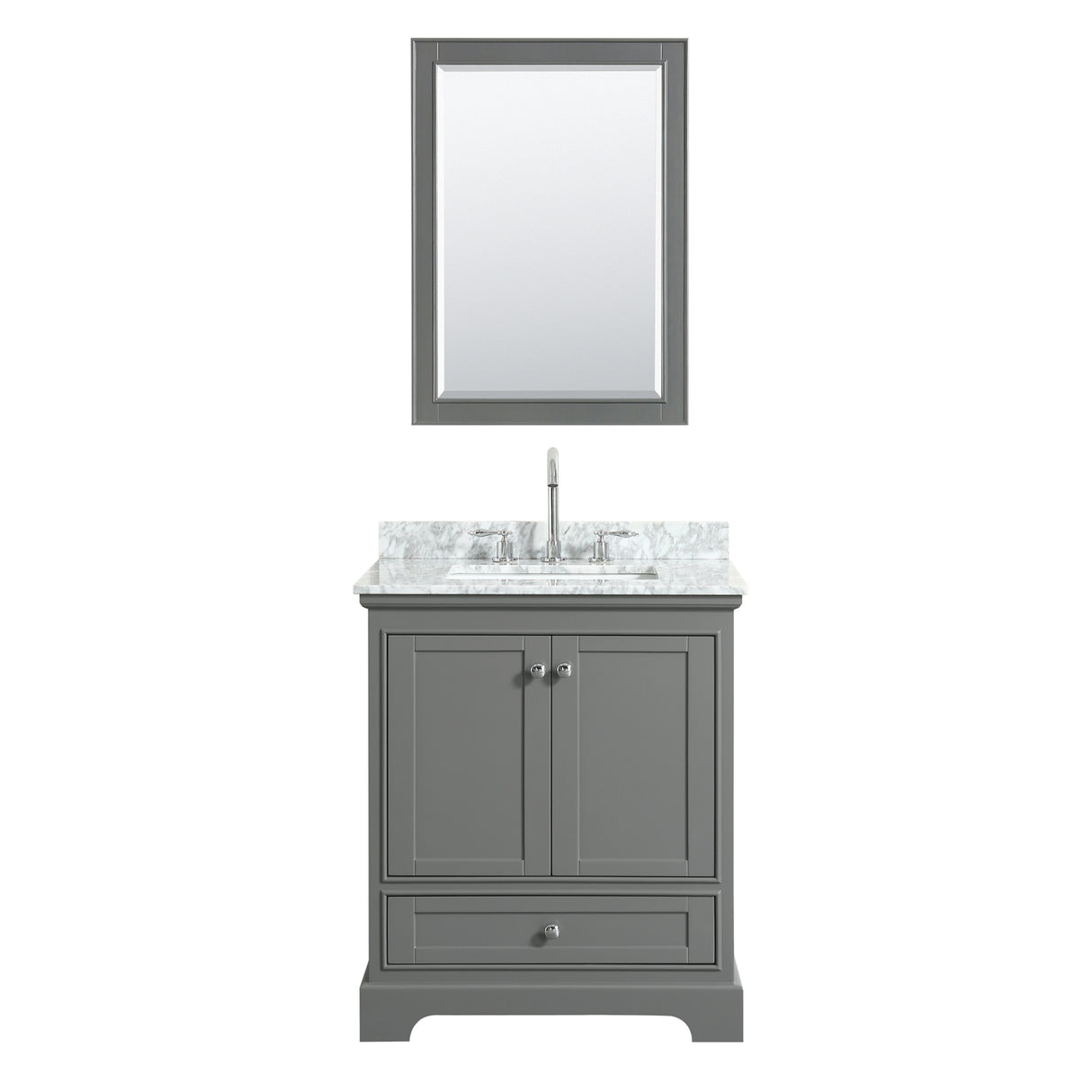 Deborah 30 Inch Single Bathroom Vanity in Dark Gray White Carrara Marble Countertop Undermount Square Sink and Medicine Cabinet