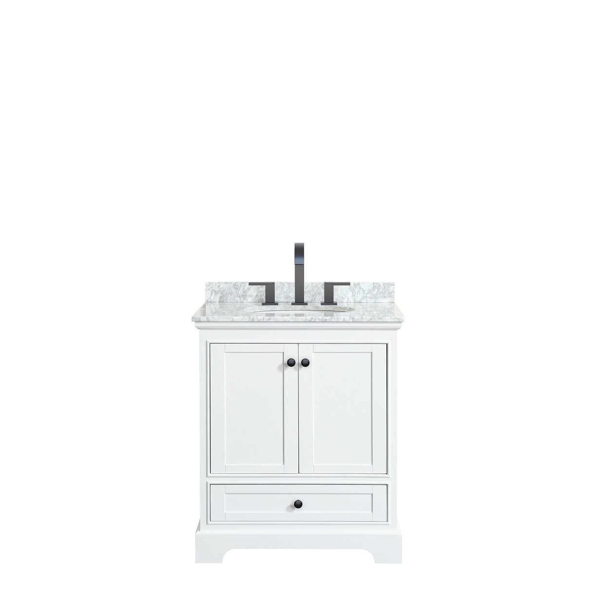 Deborah 30 Inch Single Bathroom Vanity in White White Carrara Marble Countertop Undermount Oval Sink Matte Black Trim