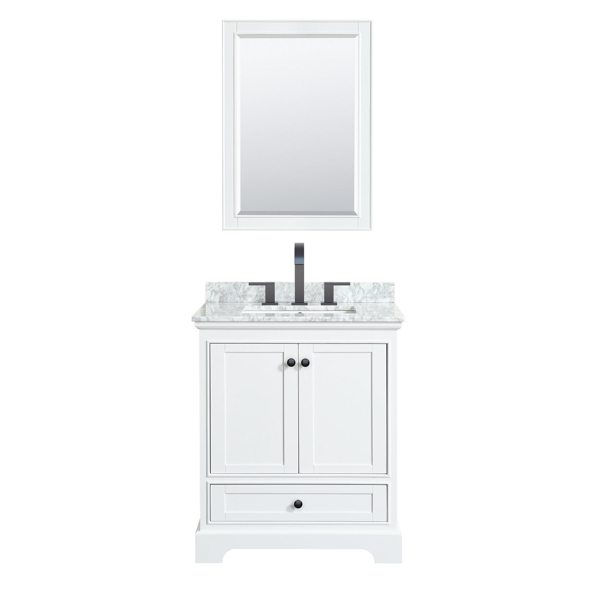Deborah 30 Inch Single Bathroom Vanity in White White Carrara Marble Countertop Undermount Square Sink Matte Black Trim Medicine Cabinet