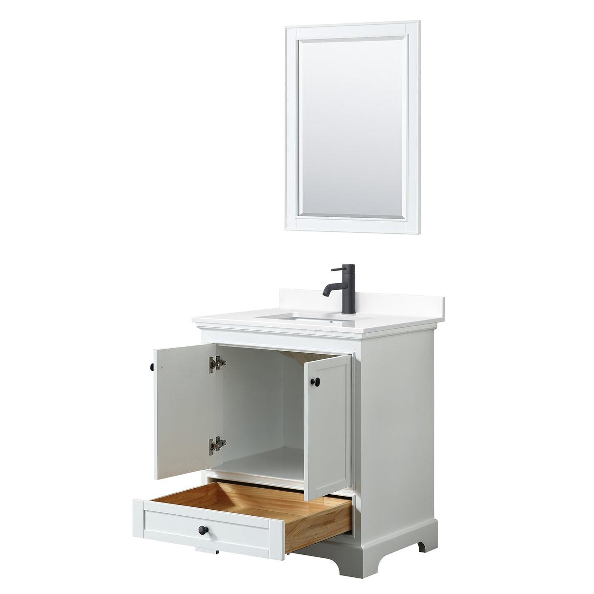 Deborah 30 Inch Single Bathroom Vanity in White White Cultured Marble Countertop Undermount Square Sink Matte Black Trim 24 Inch Mirror