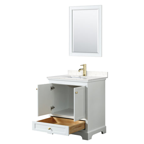Deborah 30 Inch Single Bathroom Vanity in White Carrara Cultured Marble Countertop Undermount Square Sink Brushed Gold Trim 24 Inch Mirror