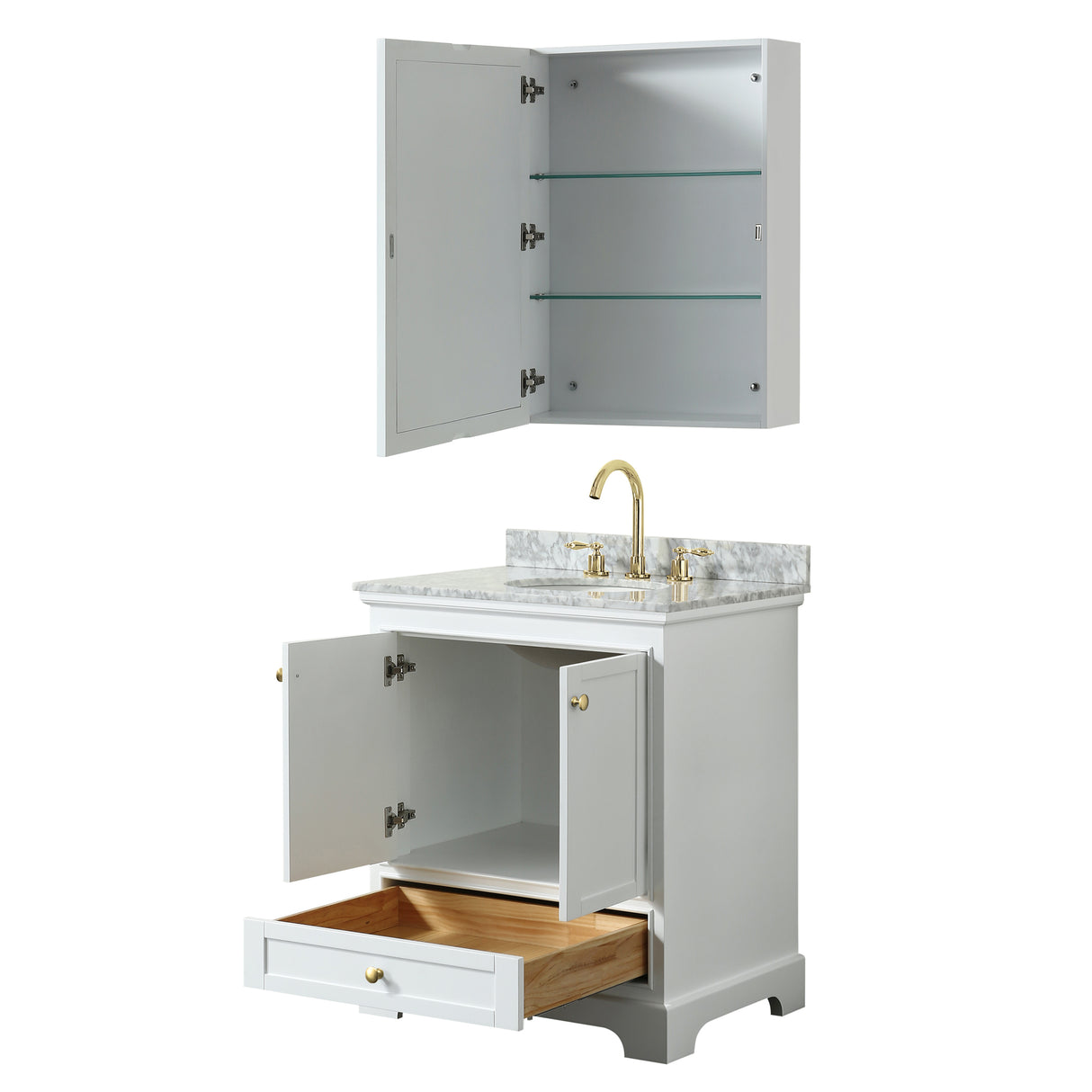Deborah 30 Inch Single Bathroom Vanity in White White Carrara Marble Countertop Undermount Oval Sink Brushed Gold Trim Medicine Cabinet