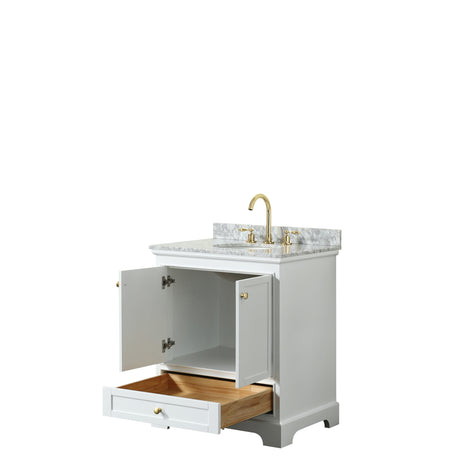 Deborah 30 Inch Single Bathroom Vanity in White White Carrara Marble Countertop Undermount Oval Sink Brushed Gold Trim No Mirror