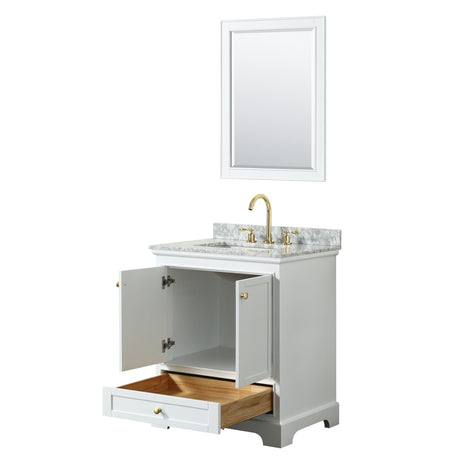 Deborah 30 Inch Single Bathroom Vanity in White White Carrara Marble Countertop Undermount Square Sink Brushed Gold Trim 24 Inch Mirror