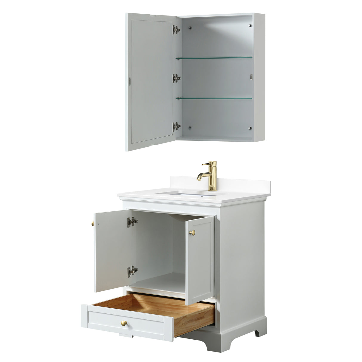 Deborah 30 Inch Single Bathroom Vanity in White White Cultured Marble Countertop Undermount Square Sink Brushed Gold Trim Medicine Cabinet