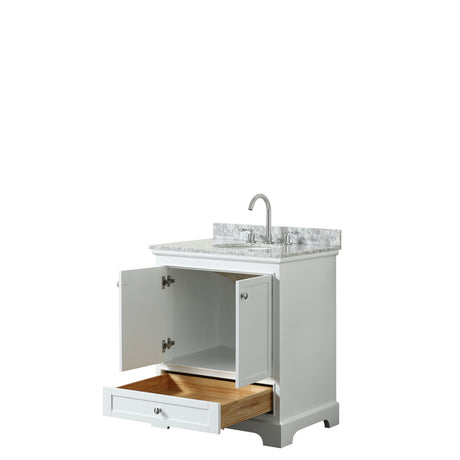 Deborah 30 Inch Single Bathroom Vanity in White White Carrara Marble Countertop Undermount Oval Sink and No Mirror