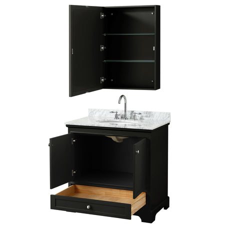Deborah 36 Inch Single Bathroom Vanity in Dark Espresso White Carrara Marble Countertop Undermount Oval Sink and Medicine Cabinet