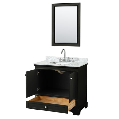 Deborah 36 Inch Single Bathroom Vanity in Dark Espresso White Carrara Marble Countertop Undermount Square Sink and 24 Inch Mirror