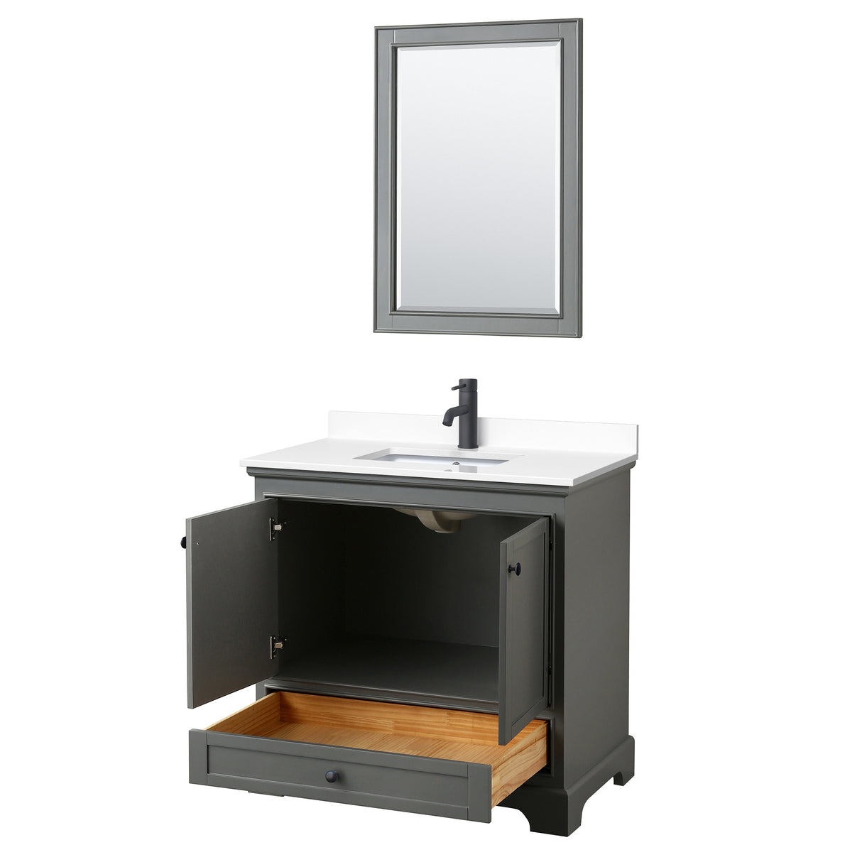 Deborah 36 Inch Single Bathroom Vanity in Dark Gray White Cultured Marble Countertop Undermount Square Sink Matte Black Trim 24 Inch Mirror