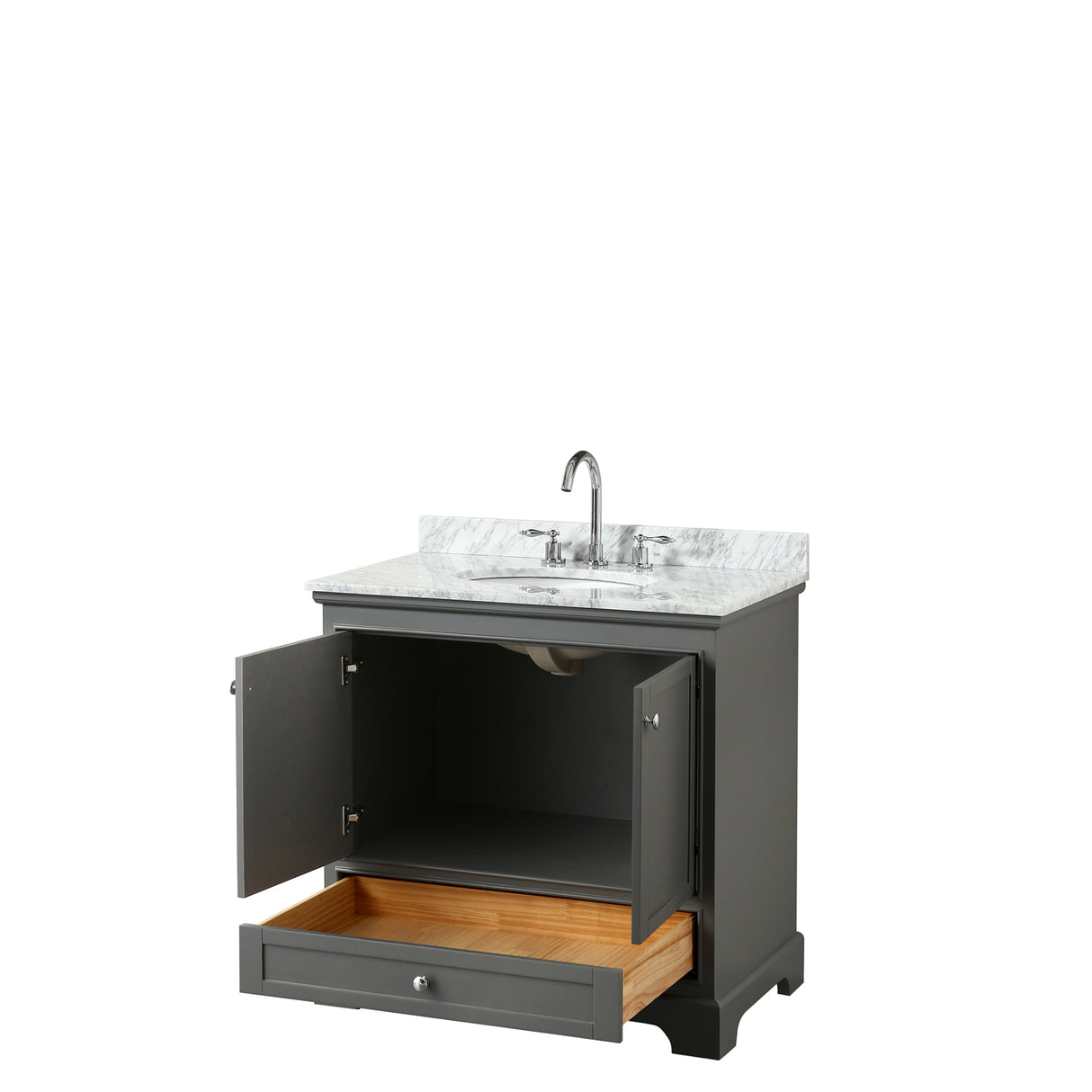 Deborah 36 Inch Single Bathroom Vanity in Dark Gray White Carrara Marble Countertop Undermount Oval Sink and No Mirror
