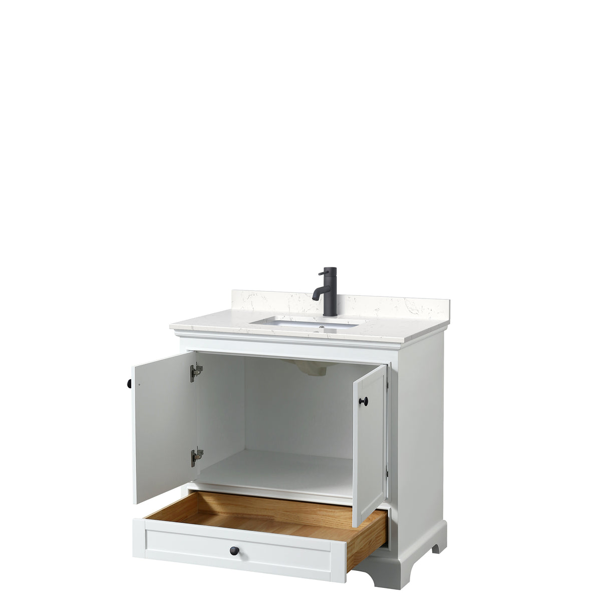 Deborah 36 Inch Single Bathroom Vanity in White Carrara Cultured Marble Countertop Undermount Square Sink Matte Black Trim