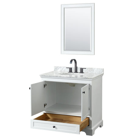 Deborah 36 Inch Single Bathroom Vanity in White White Carrara Marble Countertop Undermount Oval Sink Matte Black Trim 24 Inch Mirror