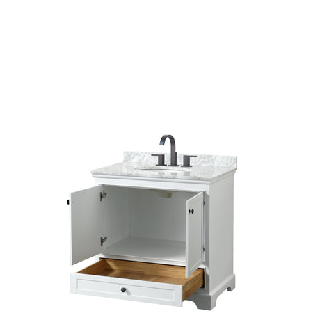 Deborah 36 Inch Single Bathroom Vanity in White White Carrara Marble Countertop Undermount Oval Sink Matte Black Trim